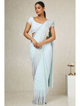Soch - Womens Sky Blue Georgette Sequined Embellished Saree with Unstitched Blouse