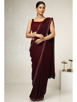 Soch - Womens Maroon Embellished Stone Work Saree with Unstitched Blouse