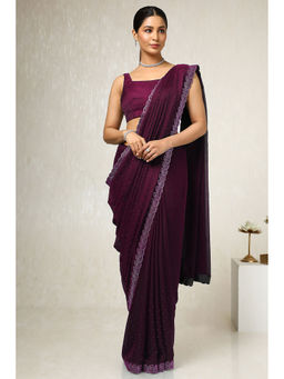 Soch - Womens Wine Embellished Stone Work Saree with Unstitched Blouse