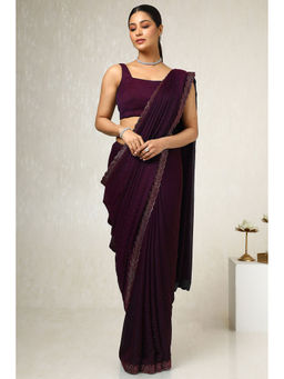 Soch - Womens Burgundy Embellished Stone Work Saree with Unstitched Blouse