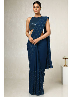 Soch - Womens Blue Georgette Sequined Embellished Saree with Unstitched Blouse