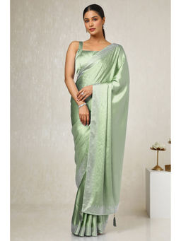 Soch - Womens Light Green Satin Embellished Saree with Unstitched Blouse