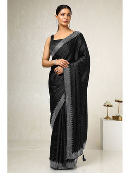Soch - Womens Black Satin Embellished Saree with Unstitched Blouse