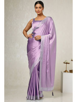 Soch - Womens Purple Satin Embellished Saree with Unstitched Blouse