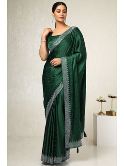 Soch - Womens Bottle Green Satin Embellished Saree with Unstitched Blouse