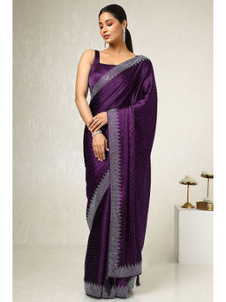 Soch - Womens Dark Purple Green Satin Embellished Saree with Unstitched Blouse