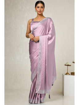 Soch - Womens Pink Satin Embellished Saree with Unstitched Blouse