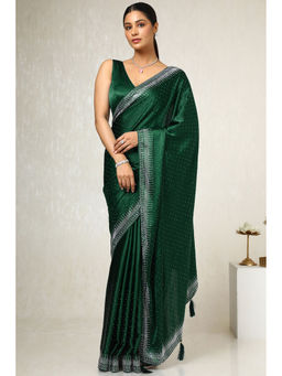 Soch - Womens Bottle Green Satin Embellished Saree with Unstitched Blouse