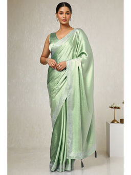Soch - Womens Light Green Satin Embellished Saree with Unstitched Blouse