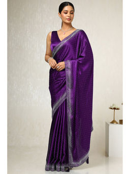 Soch - Womens Dark Purple Satin Embellished Saree with Unstitched Blouse