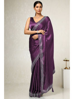 Soch - Womens Wine Satin Embellished Saree with Unstitched Blouse