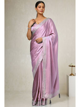 Soch - Womens Pink Satin Embellished Saree with Unstitched Blouse