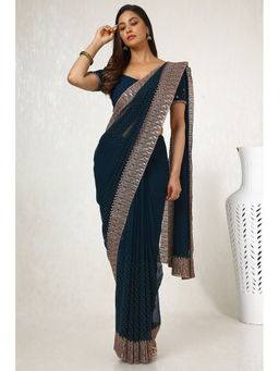 Soch - Womens Navy Blue Georgette Embroidered Saree with Unstitched Blouse