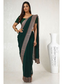 Soch - Womens Green Georgette Embroidered Saree with Unstitched Blouse