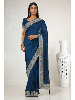 Soch - Womens Navy Blue Tussar Embroidered Stone Work Saree with Unstitched Blouse