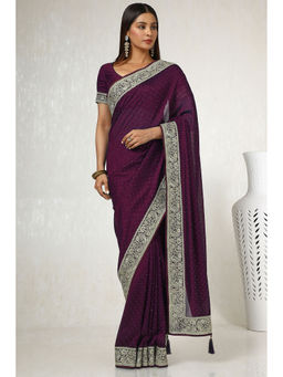 Soch - Womens Wine Tussar Embroidered Stone Work Saree with Unstitched Blouse