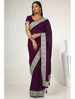 Soch - Womens Wine Tussar Embroidered Saree with Unstitched Blouse