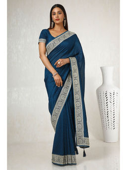 Soch - Womens Navy Blue Tussar Embroidered Saree with Unstitched Blouse