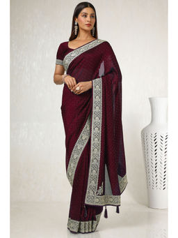 Soch - Womens Maroon Tussar Embroidered Saree with Unstitched Blouse