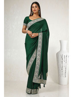 Soch - Womens Green Tussar Embroidered Saree with Unstitched Blouse