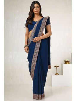 Soch - Womens Navy Blue Embroidered Stone Work Saree with Unstitched Blouse