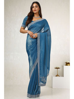 Soch - Womens Blue Embellished Organza Saree with Unstitched Blouse