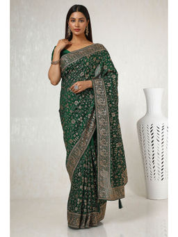 Soch - Womens Green Tussar Floral Embroidered Saree with Unstitched Blouse