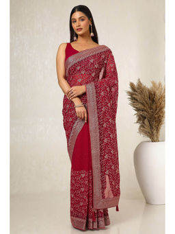 Soch - Womens Maroon Floral Embroidered Saree with Unstitched Blouse