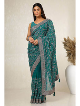 Soch - Womens Teal Embroidered Georgette Saree with Unstitched Blouse