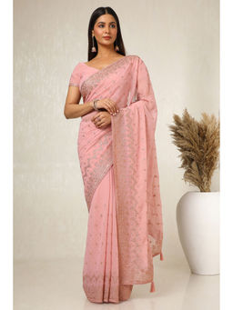 Soch - Womens Blush Pink Embroidered Stone Work Saree with Unstitched Blouse