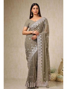 Soch - Womens Olive Stone Work Embroidered Saree with Unstitched Blouse