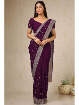 Soch - Womens Wine Stone Work Embroidered Saree with Unstitched Blouse