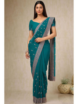 Soch - Womens Teal Stone Work Embroidered Saree with Unstitched Blouse