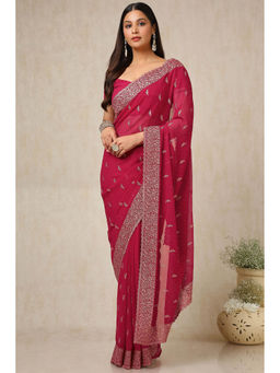 Soch - Womens Red Stone Work Embroidered Saree with Unstitched Blouse