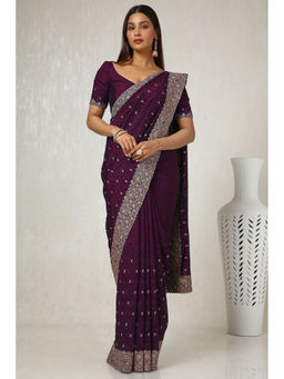 Soch - Womens Burgundy Embroidered Tussar Saree with Unstitched Blouse