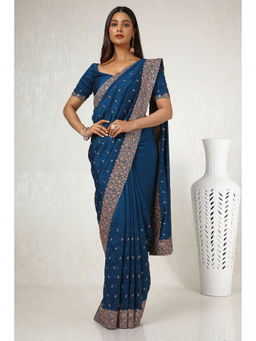 Soch - Womens Blue Embroidered Tussar Saree with Unstitched Blouse