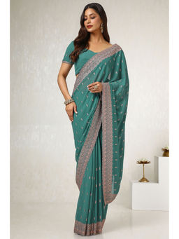 Soch - Womens Green Embroidered Stone Work Saree with Unstitched Blouse