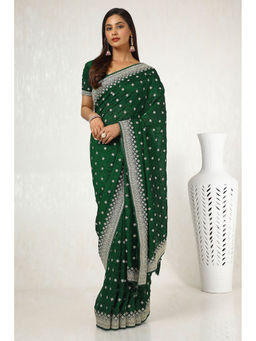 Soch - Womens Green Tussar Embroidered Saree with Unstitched Blouse