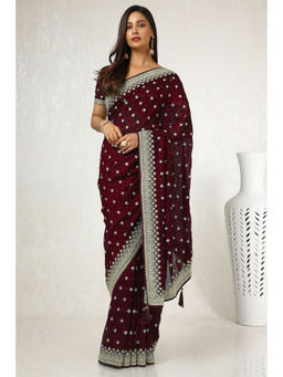 Soch - Womens Maroon Tussar Embroidered Saree with Unstitched Blouse