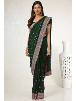 Soch - Womens Dark Green Embroidered Stone Work Saree with Unstitched Blouse
