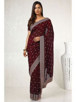 Soch - Womens Maroon Floral Embroidered Tussar Saree with Unstitched Blouse