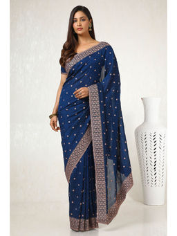 Soch - Womens Navy Blue Floral Embroidered Tussar Saree with Unstitched Blouse