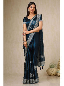 Soch - Womens Teal Organza Embroidered Saree with Unstitched Blouse