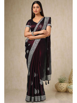 Soch - Womens Wine Organza Embroidered Saree with Unstitched Blouse