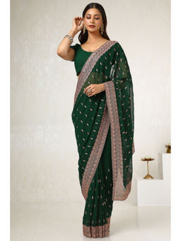 Soch - Womens Green Embroidered Stone Work Saree with Unstitched Blouse