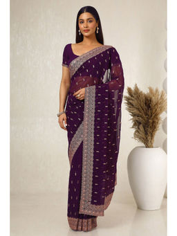 Soch - Womens Wine Embroidered Stone Work Saree with Unstitched Blouse
