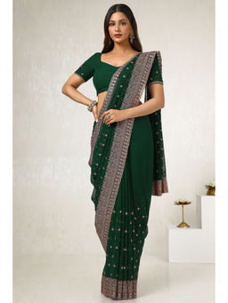 Soch - Womens Green Stone Work Embroidered Saree with Unstitched Blouse