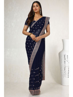 Soch - Womens Navy Blue Embroidered Stone Work Saree with Unstitched Blouse