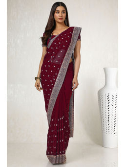Soch - Womens Maroon Embroidered Stone Work Saree with Unstitched Blouse