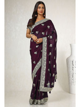 Soch - Womens Burgundy Tussar Embroidered Saree with Unstitched Blouse